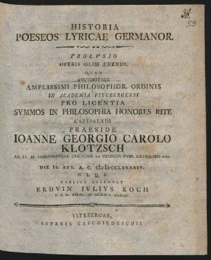 Historia Poeseos Lyricae Germanor : Prolvsio Operis Olim Edendi