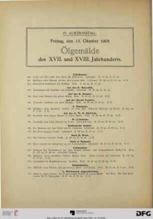 IV. Auktionstag: Freitag, den 13. Oktober 1905 Ölgemälde des XVII. und XVIII. Jahrhunderts (Nr. 560-722)