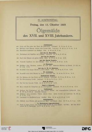 IV. Auktionstag: Freitag, den 13. Oktober 1905 Ölgemälde des XVII. und XVIII. Jahrhunderts (Nr. 560-722)