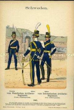 Uniformdarstellung, Kanonier und Offiziere verschiedener Artillerie-Regimenter, Königreich Schweden, 1807.