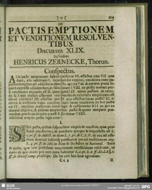 De Pactis Emptionem Et Venditionem Resolventibus, Discursus XLIX. Defendens Henricus Zernecke, Thorun.