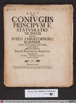 De Conivgiis Principvm E Statvs Ratione Initis