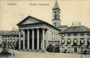 Postkartenalbum August Schweinfurth mit Karlsruher Motiven. "Karlsruhe - Evangel. Stadtkirche"