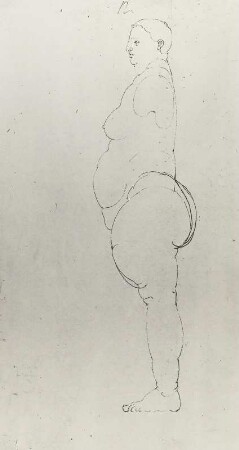 Dicke Frau ohne Arme seitlich : Dresdner Skizzenbuch (1507/1528). Dicke Frau ohne Arme seitlich (aus: R. Bruck: Das Skizzenbuch von Albrecht Dürer, Straßburg 1905, Tafel 77, Blatt 145 b, Str. 18, Kriegsverlust). Dresden: SLUB Mscr.Dresd.R.147.f