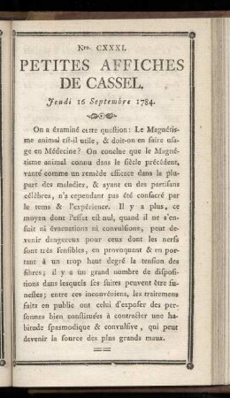 No CXXXI (Jeudi 16 Sepembre 1784)