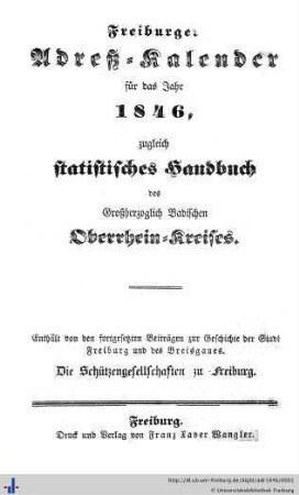 Freiburger Adreß-Kalender : für das Jahr 1846