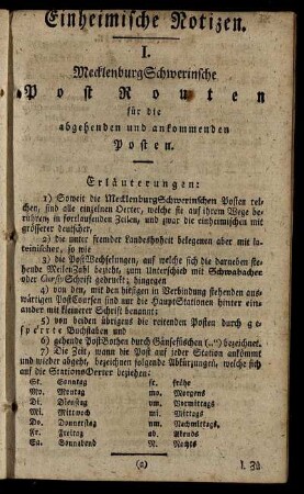 I. MecklenburgSchwerinsche Post Routen [...]