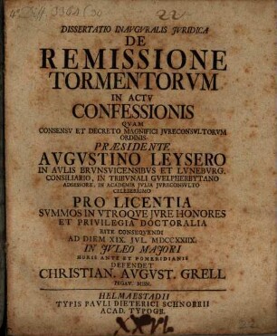 Dissertatio Inavgvralis Jvridica De Remissione Tormentorvm In Actv Confessionis