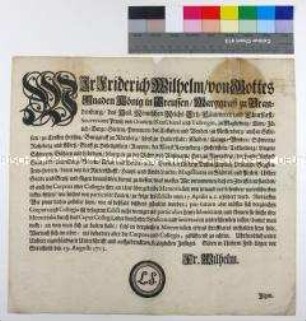 Edikt von Friedrich Wilhelm I. König in Preußen betreffend Unterschriftsregelung für Memorialien