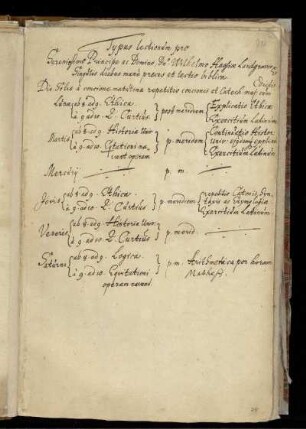 Stundenplan; Typus lectionum pro Serenissimo Principe ... Wilhelmo Hassiae Landgravio