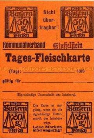 Fleischkarte des Kommunalverbandes Staffelstein für einen Tag (blanko)