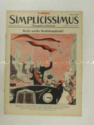 Satirezeitschrift "Simplicissimus" mit Titel-Karikatur auf die politischen Ambitionen von Adenauer