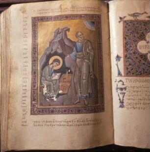 Patmos, Ev. Joh. und Próchoros. Einleitungsminiatur seines Evangeliars. Codex 81, 1345. Patmos, Bibliothek. P63