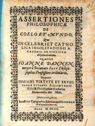Assertiones Philosophicae De Coelo Et Mvndo