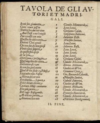 Tavola de gli autori et madrigali