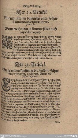 Der 31. Artickel. Wie es mit verkauffunge der Halden/ Felsen/ Ertz/ Schlacken/ Ofenbruch/ Gekretz und Affter zuhalten.