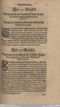 Der 31. Artickel. Wie es mit verkauffunge der Halden/ Felsen/ Ertz/ Schlacken/ Ofenbruch/ Gekretz und Affter zuhalten.