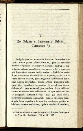 V. De Origine et Incrementis Urbium Germaniae