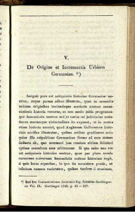V. De Origine et Incrementis Urbium Germaniae