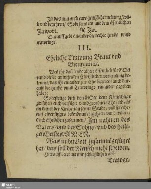 III. Eheliche Trawung Braut und Breutgams