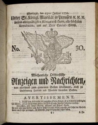 No. 30. Montags, den 23ten Julius 1770.