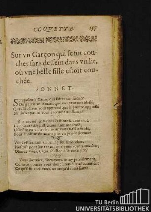 Sur vn Garcon qui se sut coucher sans dessein dans vn lit, où vne belle fille estoit couchée. Sonnet.