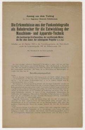 Die Erkenntnisse aus der Funkentelegrafie als Bahnbrecher für die Entwicklung der Maschinen- und Apparate-Technik. Auszug aus dem Vortrag des Herrn Ingenieur Heinrich Schieferstein. (Als Manuskript für die Presse gedruckt) Berlin, 22.10.1922
