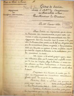 Ordres de service adressés à MMra. les Commissionnaires au Mont-de-Piété de Paris, Par Monsieur le Directeur : Mont-de-Piété de Paris