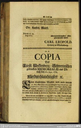Lit. B. Copia Des Fürstl. Mecklenburg- Schwerinischen gedruckten Memoralis aus Dömitz den 20. Sept. 1721