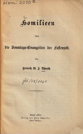 Homilieen [!] über die Sonntags-Evangelien der Fastenzeit