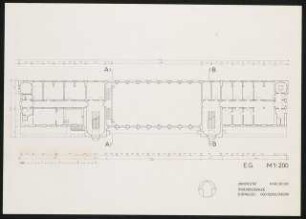 Mensa und Hochschulbibliothek, Karlsruhe Erweiterung: Tribünengebäude ehemaliges Hochschulstadion, Erdgeschoss Grundriss, 1:200