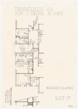 Büro- und Wohngebäude mit Fabrikationshalle der Transatlantic K.G. H. Bernhardt u. CO., Berlin-Rudow, auf dem Gelände Berlin-Rudow, Kanalstraße 76, 78: Transatlantic K.G. zum 1.OG 1:100