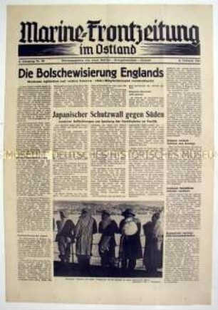 Kriegszeitung "Marine-Frontzeitung im Ostland" u.a. zu den Beziehungen zwischen Großbritannien und der UdSSR