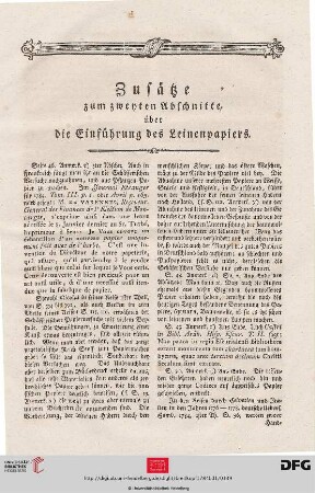 Zusätze zum zweyten Abschnitte, über die Einfuehrung des Leinenpapiers