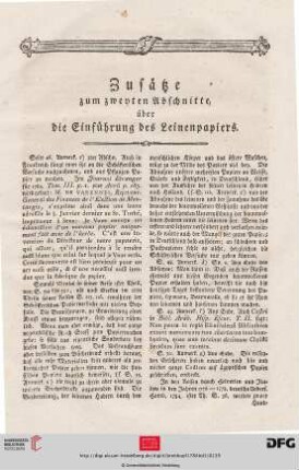 Zusätze zum zweyten Abschnitte, über die Einfuehrung des Leinenpapiers