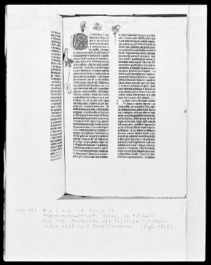 Eines der zwölf erhaltenen Pergamentexemplare der 42-zeiligen Bibel Gutenbergs — Band 1 der Gutenberg-Bibel — Initiale C(Onfortatus est), Folio 208recto