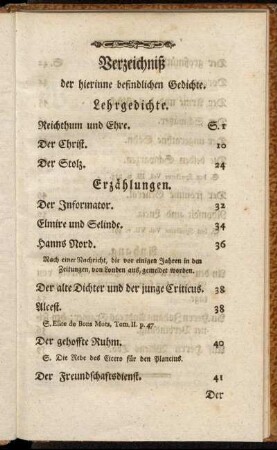 Verzeichniß der hierinne befindlichen Gedichte.