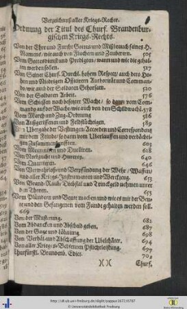 Titelverzeichnis des brandenburgischen Kriegsrechts.