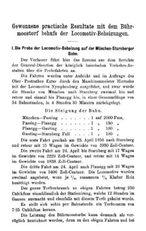 Gewonnene practische Resultate mit dem Bührmoostorf behufs der Locomotiv-Beheizungen.