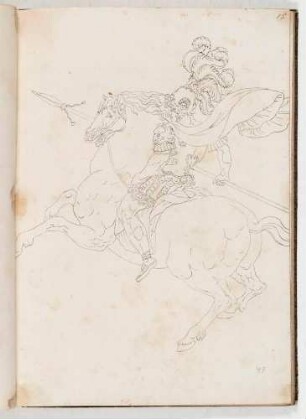 Krieger mit Lanze auf einem springenden Pferd, in einem Band mit Antikischen Figurinen und Pferdedekorationen, Bl. 15