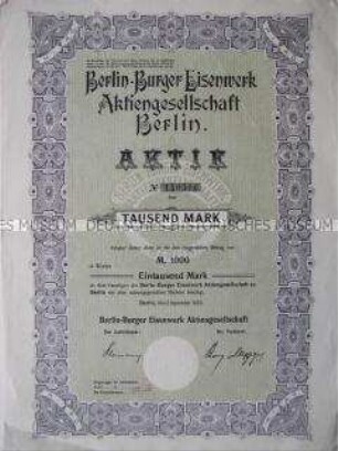 Aktie der Berlin-Burger Eisenwerk Aktiengesellschaft über 1000 Mark
