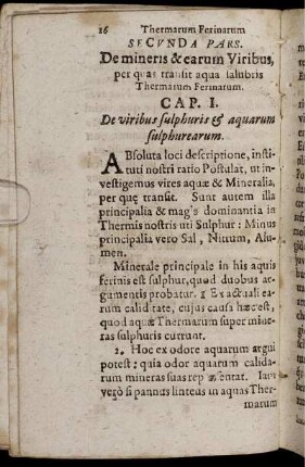 Secunda Pars. De mineris & earum Viribus, per quas transit aqua salubris Thermarum Ferinarum