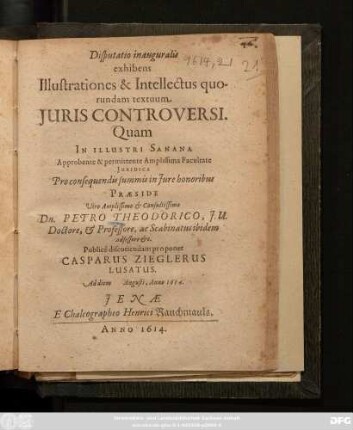 Disputatio inauguralis exhibens Illustrationes & Intellectus quorundam textuum Iuris Controversi