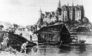 Meißen. Stadtansicht mit Schiffsmühle, Radierung, 1840 (Stadtarchiv Meißen)