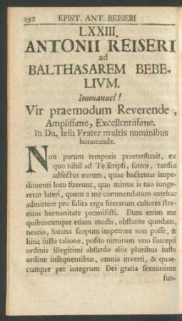 LXXIII. Antonii Reiseri ad Balthasarem Bebelium