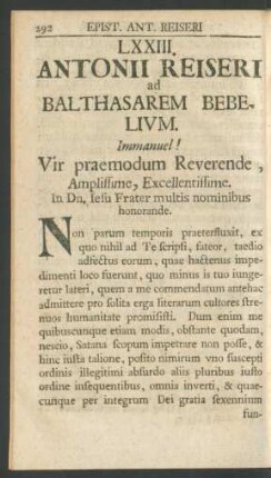 LXXIII. Antonii Reiseri ad Balthasarem Bebelium