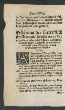 Erklärung der fürtrefflichsten Kreuter/ so dieser zeit zu der artznei am gebreuchlichsten ...