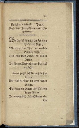 Unbestand irdischer Dinge. Nach dem Französischen eines Ungenannten.