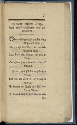 Unbestand irdischer Dinge. Nach dem Französischen eines Ungenannten.