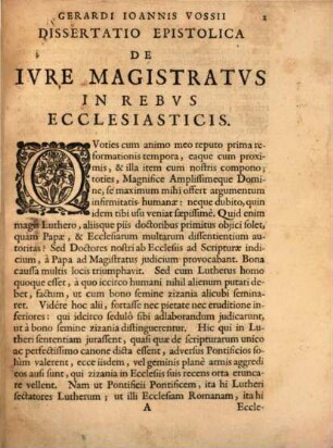 Gerardi Ioannis Vossii Dissertatio Epistolica De Ivre Magistratvs In Rebvs Ecclesiasticis